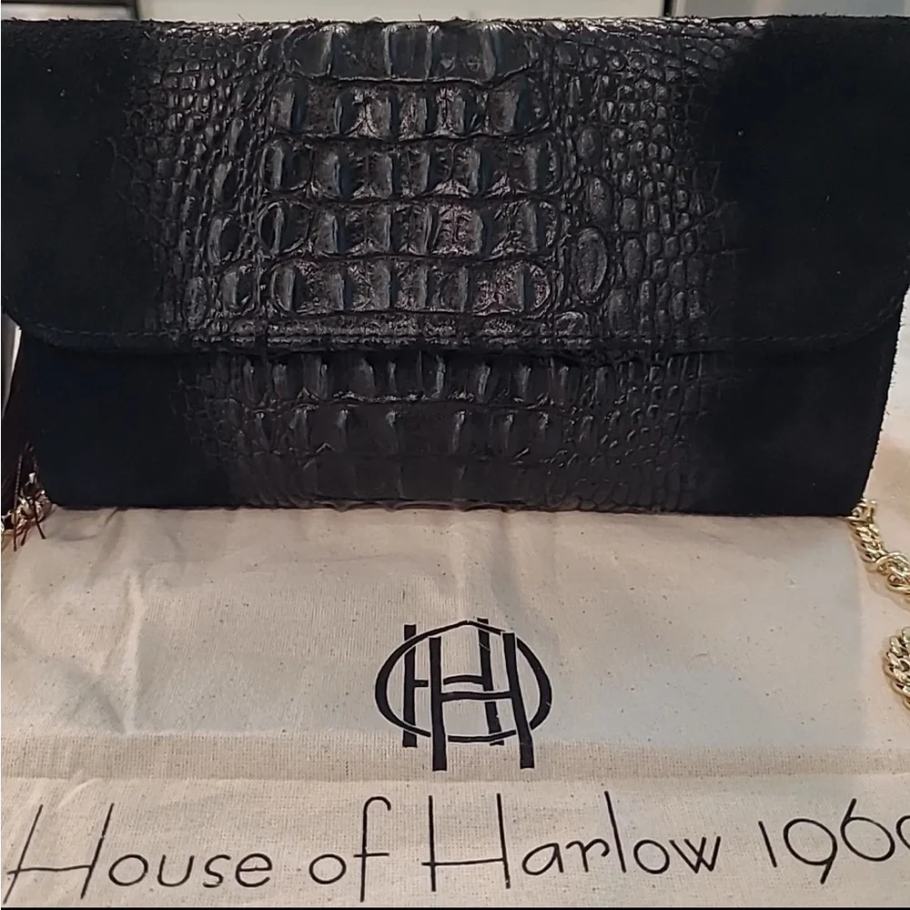 House of Harlow 1960 Black Croc-Embossed Clutch  with gold chain strap nwt